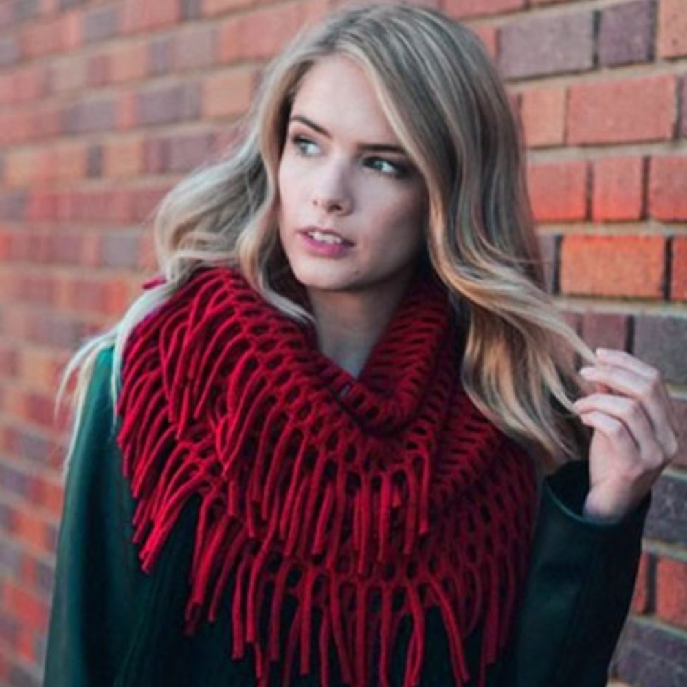 Burgandy Fringe Knit Crochet Infinity Scarf